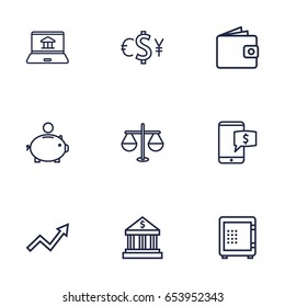 Set Of 9 Finance Outline Icons Set.Collection Of Grow Up, Bank, Exchange And Other Elements.