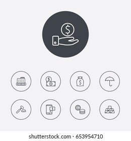Set Of 9 Finance Outline Icons Set.Collection Of Savings, Auction, Cash Register And Other Elements.