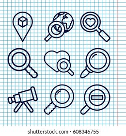 Set of 9 find outline icons such as heart search, location, search, zoom out, telescope
