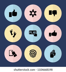 Set of 9 finger filled icons such as dislike, thumb up, foot, fingerprint, glove, finger pressing play button, hands