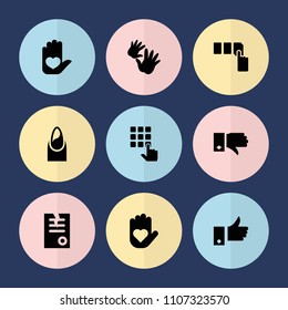 Set of 9 finger filled icons such as nail, push button, paper, heart on hand, baby hands, dislike, hand on atm
