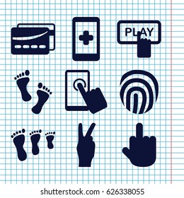 Set of 9 finger filled icons such as Finger pressing play button, middle finger, card, foot, fingerprint, touchscreen, peace, hand on smartphone