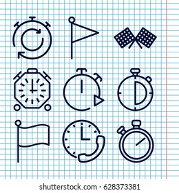 Set of 9 finish outline icons such as stopwatch, finish flag