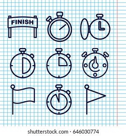 Set of 9 finish outline icons such as stopwatch, finish
