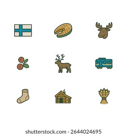 Set of 9 Finland icons, flag and national symbols. Simple cartoon style illustration.