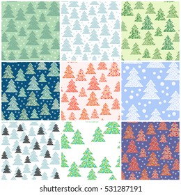 Set of 9 fir forest seamless patterns. Mosaic northern wood in winter. Scandinavian style. Good for Christmas, Happy New Year designs.