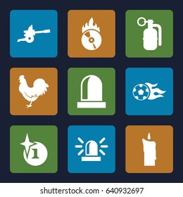 Set of 9 fire filled icons such as chicken, siren, explosion, cd fire, candle, football ball, dynamite