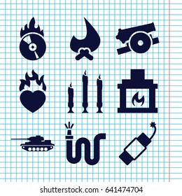 Set of 9 fire filled icons such as water hose, heart in fire, cd fire, firework, candle, fireplace, cannon, tank