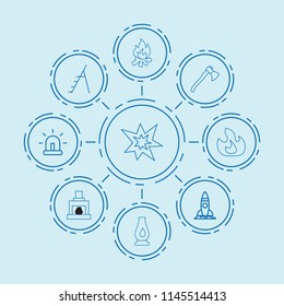 Set of 9 fire outline icons such as axe, fire, rocket, siren, fireplace, ladder, explosion, campfire