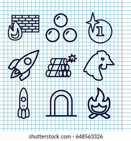 Set of 9 fire outline icons such as siren, chicken, explosion, rocket, bonfire, dynamite, canon ball