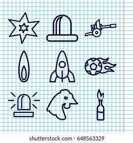 Set of 9 fire outline icons such as chicken, rocket, siren, explosion, flame, cannon, dynamite