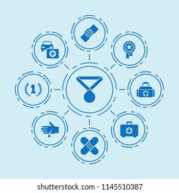 Set of 9 first filled icons such as award, car first aid kit, medal, first aid kit, patch, bllod on hand