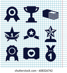 Set of 9 first filled icons such as case with heart, bandage, 1st place star, trophy, star trophy, medal with star