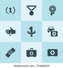 Set of 9 first filled icons such as award, car first aid kit, medal, patch, blood on hand