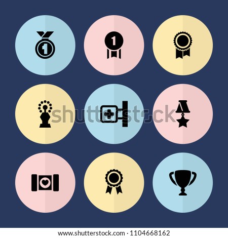 Set of 9 first filled icons such as medical cross, trophy, number 1 medal, medal, case with heart