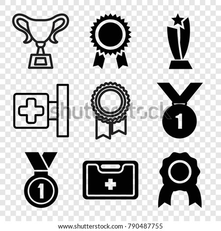 Set of 9 first filled and outline icons such as medal, medical kit, trophy, number 1 medal, medical cross