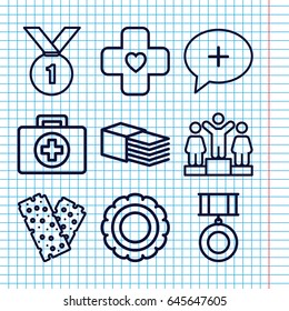 Set of 9 first outline icons such as ranking, bandage, medical cross, medal, number 1 medal, first aid