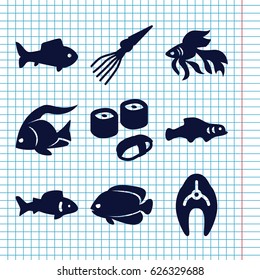 Set of 9 fish filled icons such as fish, sushi, extinct sea creature
