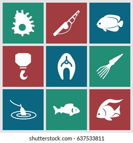 set of 9 fish filled icons such as fish, hook, fishing, extinct sea creature