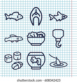 Set of 9 fish outline icons such as fish, hook, food, sushi, fishing, extinct fish