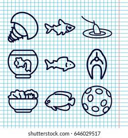 Set of 9 fish outline icons such as fish, food, fishing, extinct sea creature