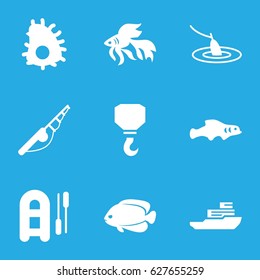 set of 9 fishing filled icons such as fish, hook, boat, extinct sea creature 