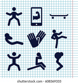 Set of 9 fit filled icons such as gloves, squat, abdoninal workout, muscular arm  on phone, skating