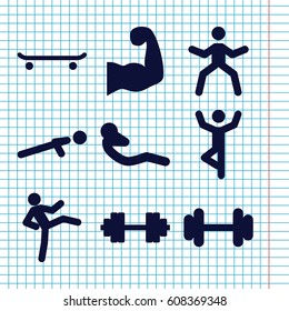 Set of 9 fit filled icons such as barbell, push up, abdoninal workout, muscular arm, barbell   isolated, skating