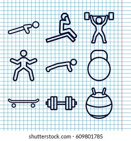 Set of 9 fit outline icons such as push up, kettle, power lifter, barbell   isolated, fit ball, skating