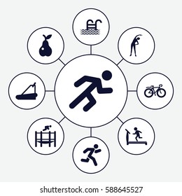 Set of 9 fitness filled icons such as exercising, treadmill, pear, bicycle, running, trampoline