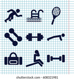 Set of 9 fitness filled icons such as barbell, tennis rocket, running, barbell   isolated, pool ladder, dumbbell, man doing exercises