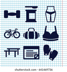 Set of 9 fitness filled icons such as sport bra, bicycle, barbell, sport bag, boxing gloves, plan, waist fitness, horizontal bar