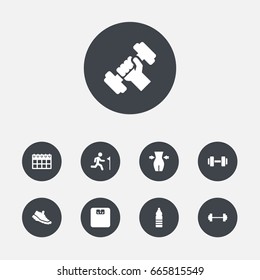 Set Of 9 Fitness Icons Set.Collection Of Slimming, Barbell, Dumbbell And Other Elements.