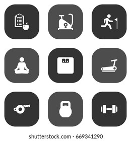 Set Of 9 Fitness Icons Set.Collection Of Meditate, Weights, Regime And Other Elements.