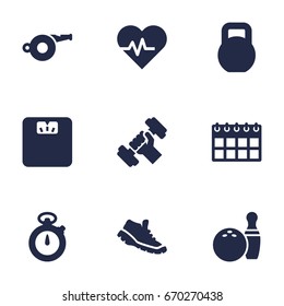 Set Of 9 Fitness Icons Set.Collection Of Hartbeat, Bodybuilding, Weights And Other Elements.