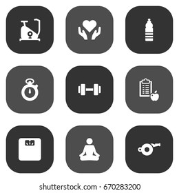 Set Of 9 Fitness Icons Set.Collection Of Training Bicycle, Body Balance, Regime And Other Elements.