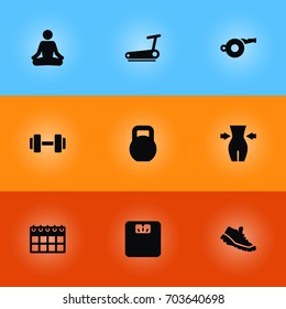 Set Of 9 Fitness Icons Set.Collection Of Meditate, Treadmill, Slimming And Other Elements.