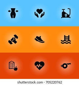 Set Of 9 Fitness Icons Set.Collection Of Sneakers, Heartbeat, Slimming And Other Elements.