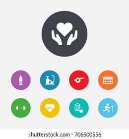Set Of 9 Fitness Icons Set.Collection Of Blower, Heartbeat, Training Bicycle And Other Elements.