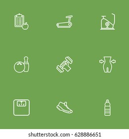 Set Of 9 Fitness Outline Icons Set.Collection Of Water Bottle, Bowling, Scales And Other Elements.