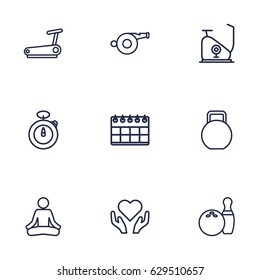 Set Of 9 Fitness Outline Icons Set.Collection Of Bowling, Calendar, Exercise Bike And Other Elements.