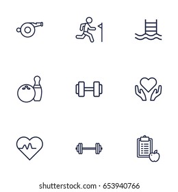 Set Of 9 Fitness Outline Icons Set.Collection Of Bowling, Dumbbell, Pool And Other Elements.