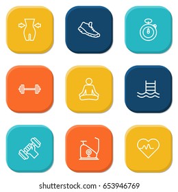 Set Of 9 Fitness Outline Icons Set.Collection Of Pulse, Barbell, Workout And Other Elements.