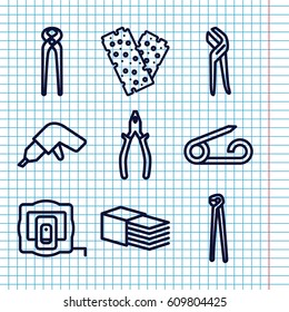 Set of 9 fix outline icons such as measure tape, pin, drill, pliers