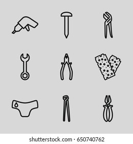 set of 9 fix outline icons such as children panties, nail, wrench, drill, pliers