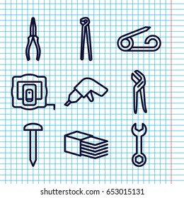 Set of 9 fix outline icons such as measure tape, pin, nail, wrench, drill, pliers