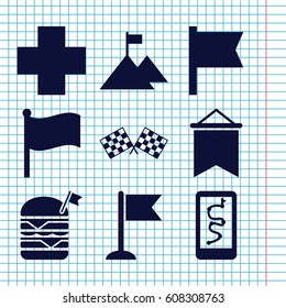 Set of 9 flag filled icons such as double burger with flag, medical cross