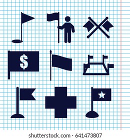 Set of 9 flag filled icons such as flag, medical cross, gold flag