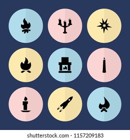Set of 9 flame filled icons such as fireplace, bonfire, candle, candlestick, rocket