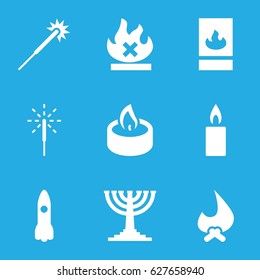 set of 9 flame filled icons such as sparklers, no fire, candle, fire protection, rocket